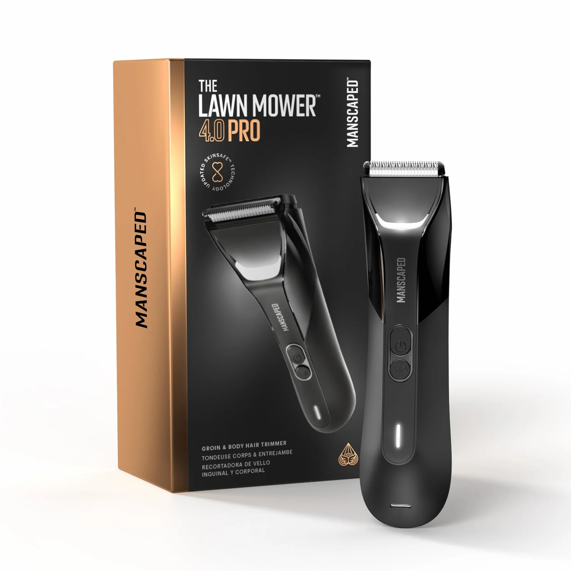 MANSCAPED® The Lawn Mower® 4.0 PRO - Rifinitore per peli del corpo e dell'inguine, lama per rifinitore SkinSafe® aggiornata, impermeabile, USB-C, ricarica wireless, rasoio da uomo, blocco da viaggio