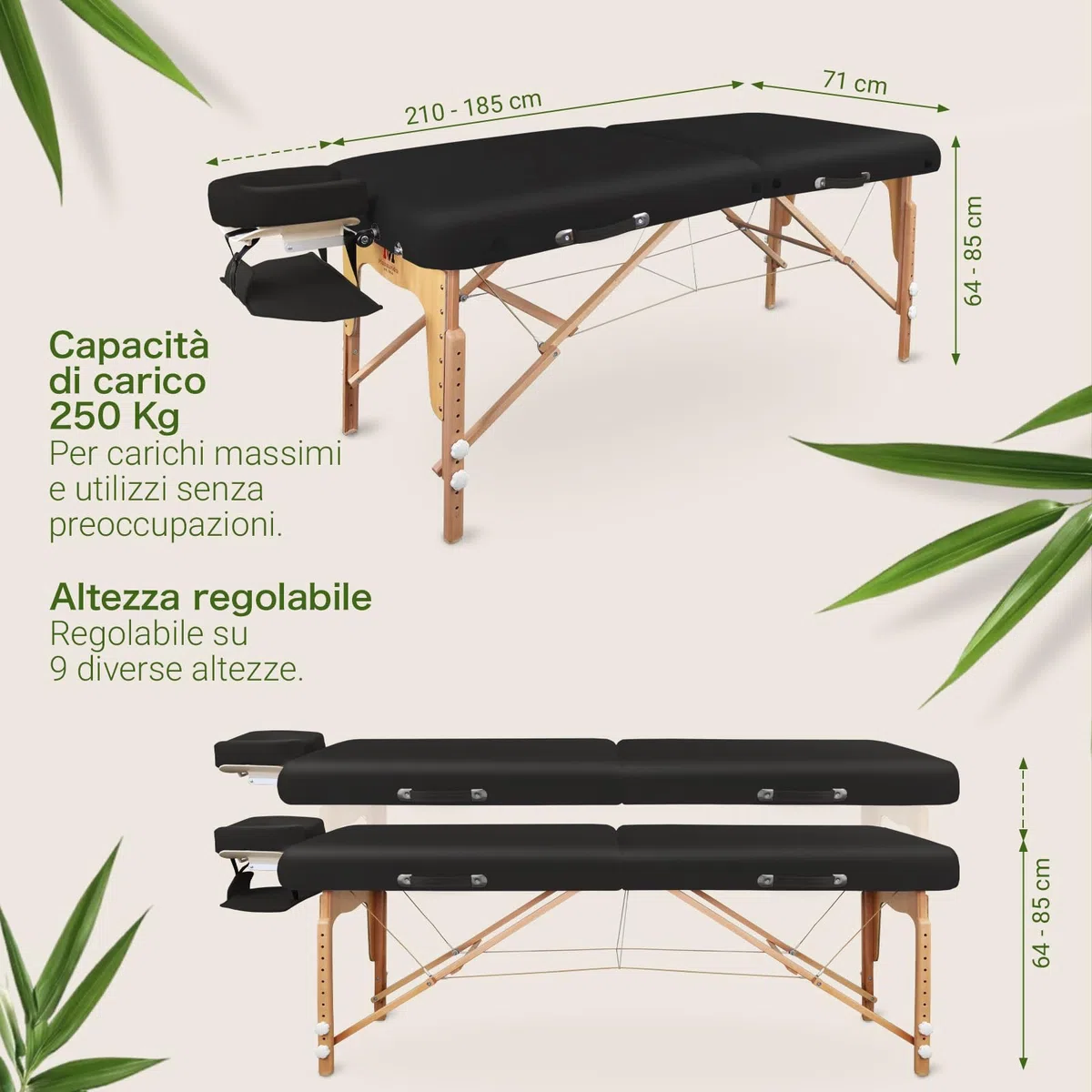 MASSUNDA - Lettino massaggio mobile Comfort Deluxe regolabile in altezza - tavolino massaggio EXTRA largo legno massiccio - panchina con poggiatesta ergonomico, copertura, bracciolo, cuscino (nero)