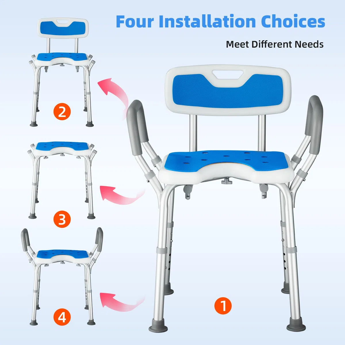 Sedia da Doccia per Anziani e Disabili, Forma a U, Sedia da Doccia con Braccioli e Schienale, Sedile per Vasca da Bagno Antiscivolo, Sgabello Doccia Anziani, Regolabile in Altezza