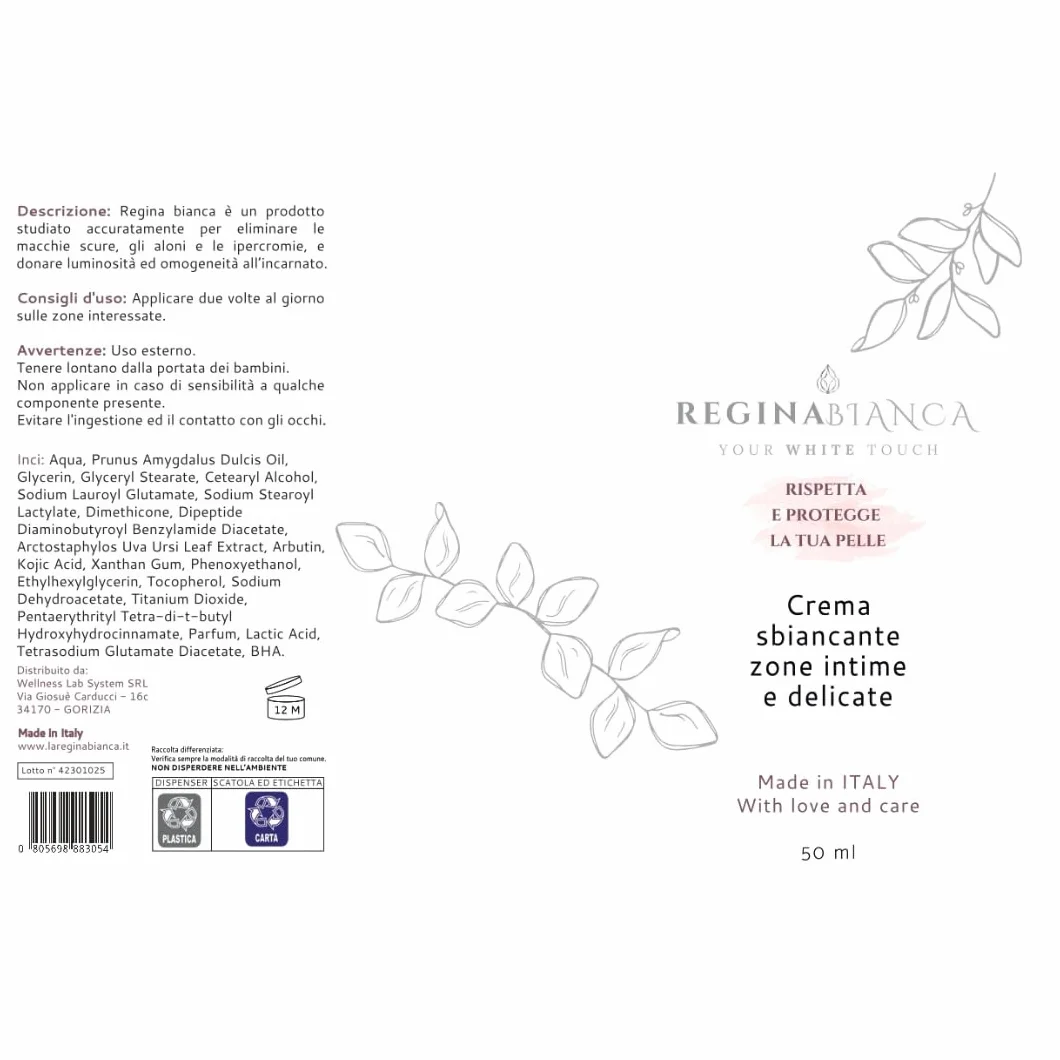 Regina Bianca Crema Schiarente Zone Intime 50ml Iperpigmentazione Inguine Ascelle Capezzoli Pelli Sensibili Made in Italy