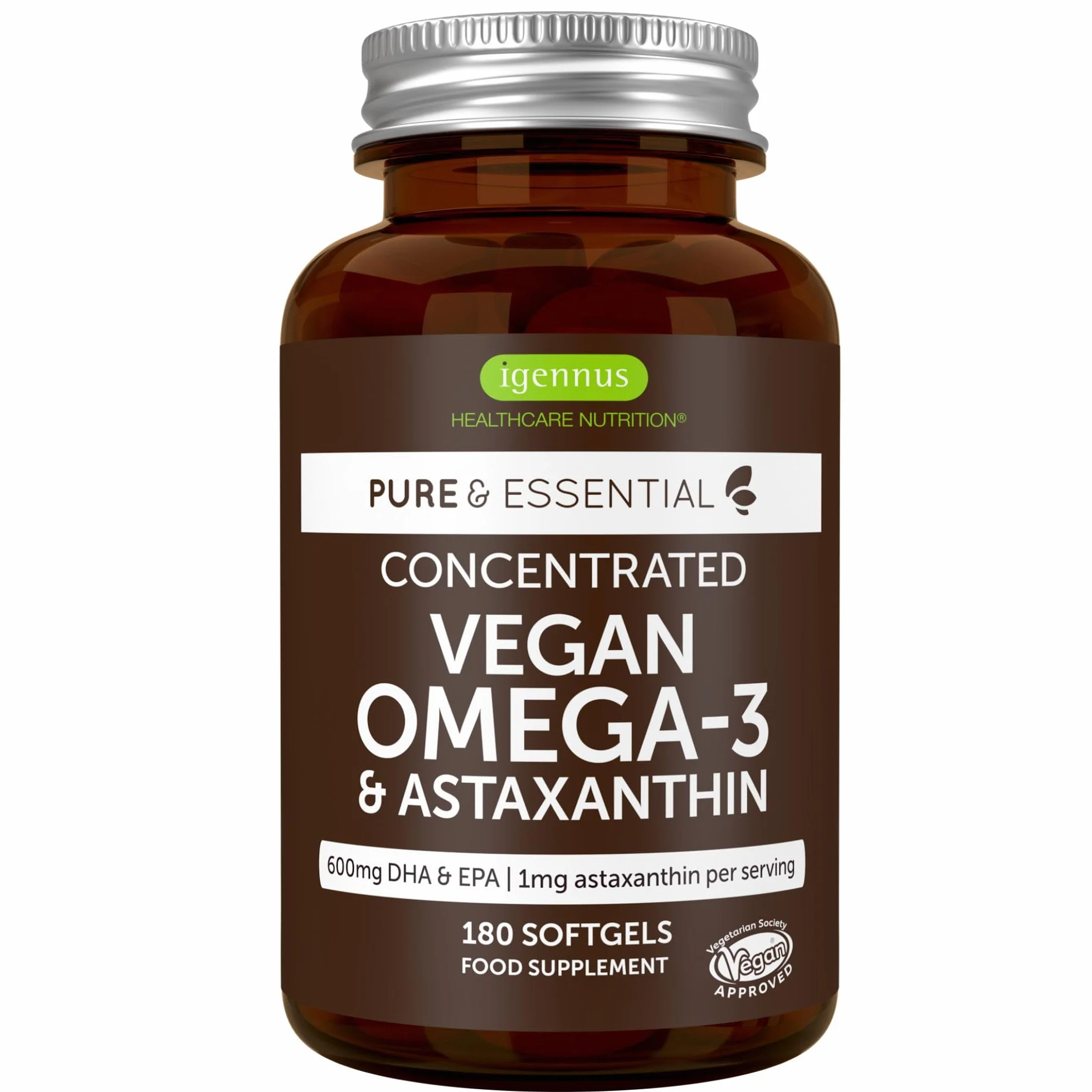 Igennus Omega 3 Vegano in Trigliceridi Naturali con Astaxantina, Olio di Alghe DHA EPA, 1344 mg, 180 Capsule