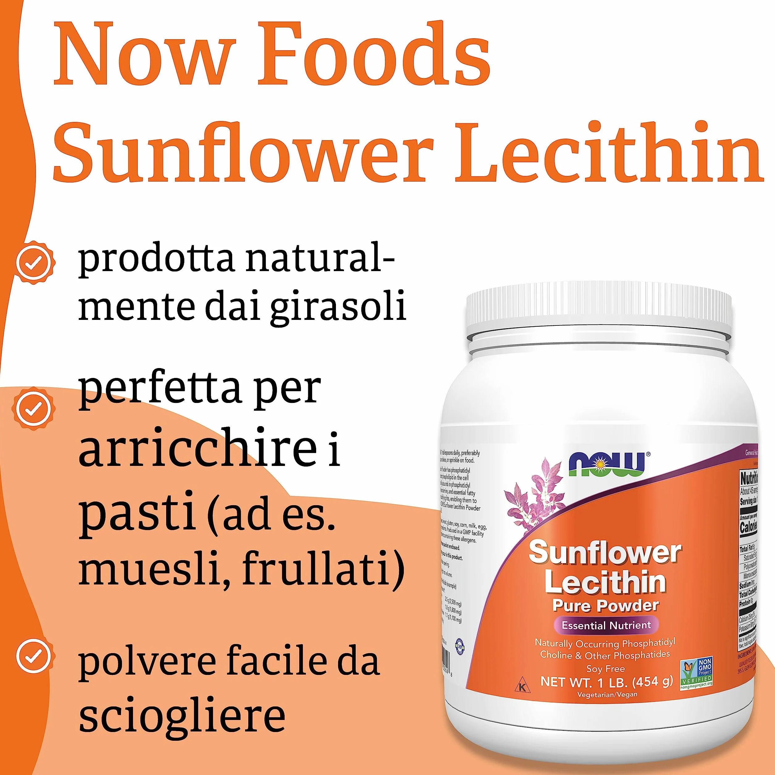 Now Foods Sunflower Lecithin Pura Polvere Vegana 454 g Senza Glutine Senza Soia