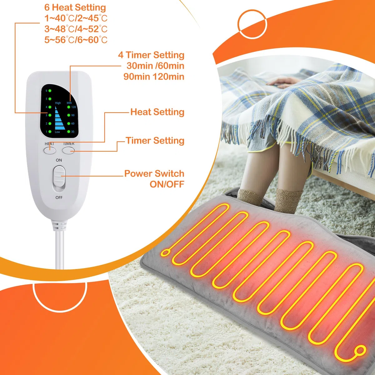 Anpress Scaldapiedi Elettrico 74x40cm, Scalda Piedi Casa Extra Large con 4 Impostazioni del Timer e 6 Livelli di Temperatura e Protezione da Surriscaldamento, Lavabile in Lavatrice, Aatto per Famiglie