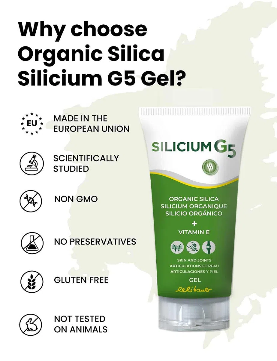 Silicium G5 Gel. celle di silicio con la vitamina E stimola la produzione di collagene. Gel corpo per dolori articolari, muscolari e delle ossa, anche rigenera e rassoda la pelle. 500 Ml.