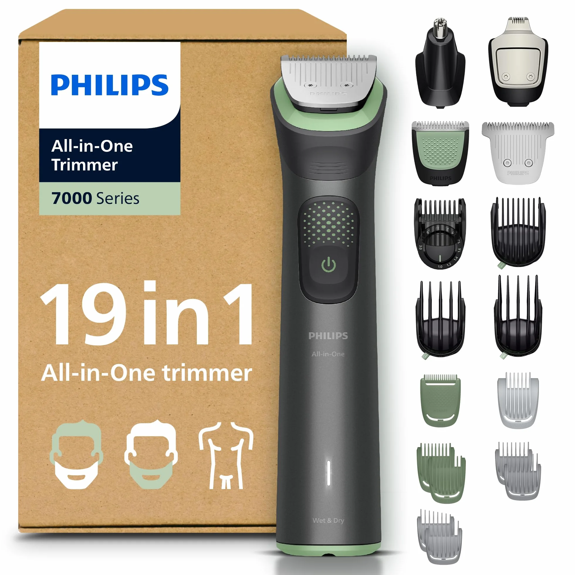 Philips Multigroom Serie 7000 19 w 1 - Trymer do brody, włosów i ciała, lame metalowe, 26 ustawień długości (0,5-20 mm), MG7962/30