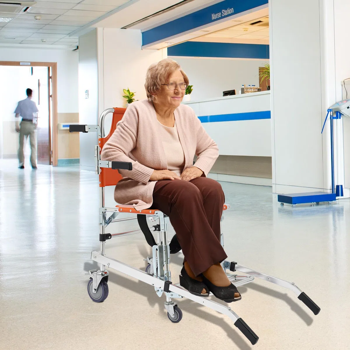 Sedia da trasporto pieghevole, capacità di carico 159 kg, sollevamento scale con cinture di sicurezza, 4 ruote universali, leggera, pieghevole, per anziani e disabili