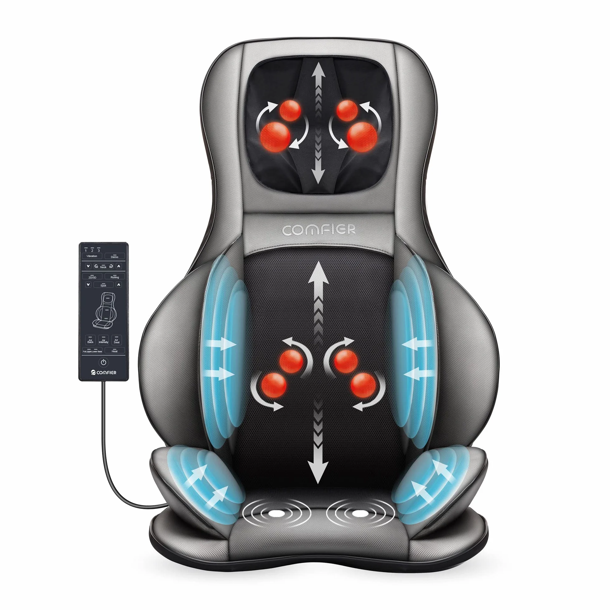 Comfier Massaggiatore Schiena e Collo con Calore, 2D/3D Shiatsu Massaggiatore Elettrico con Compressione d’Aria, Sedile Massaggiante per Schiena e Collo, Tutto il Corpo