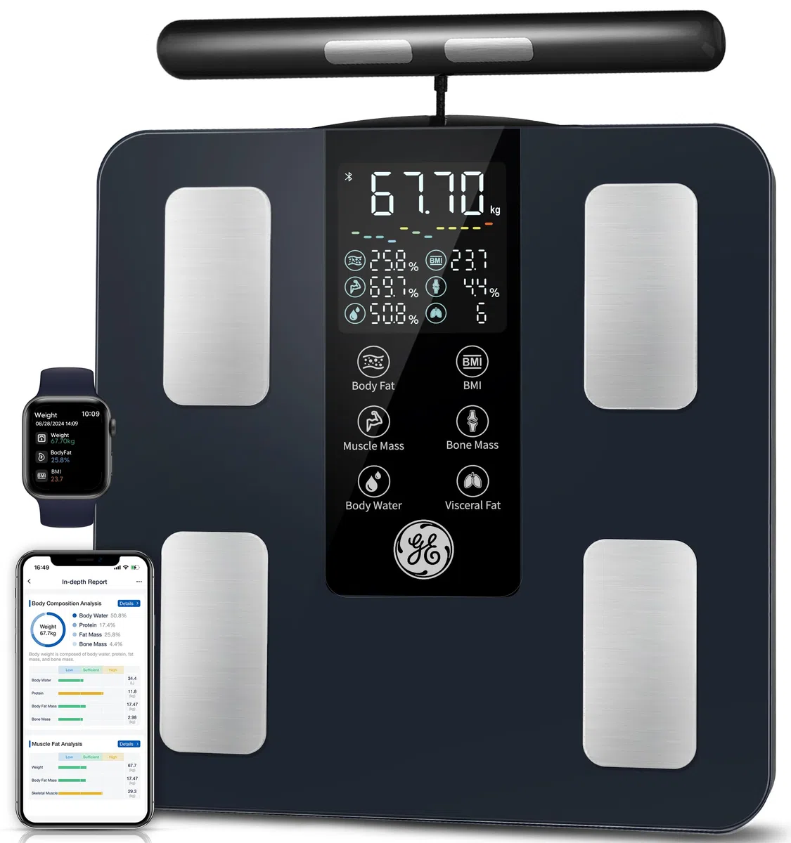 GE Bilancia intelligente per peso corporeo, bilancia digitale da bagno a 8 elettrodi, 27 misurazioni per massa muscolare BMI grassa, analizzatore di composizione corporea completa, macchina di