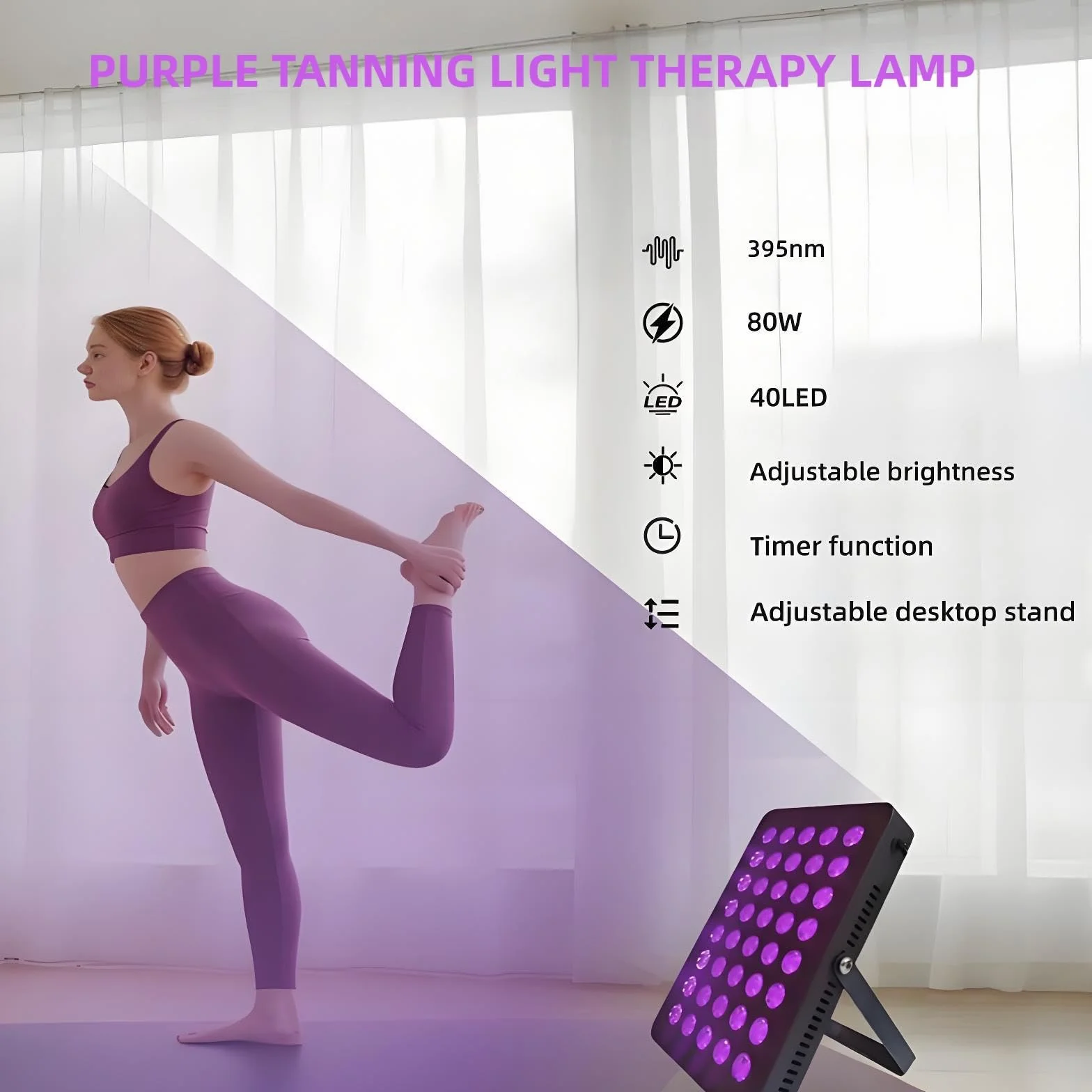 Lampada abbronzante 395 nm 80 W 40 LED per terapia della luce viso e corpo regolabile con occhiali