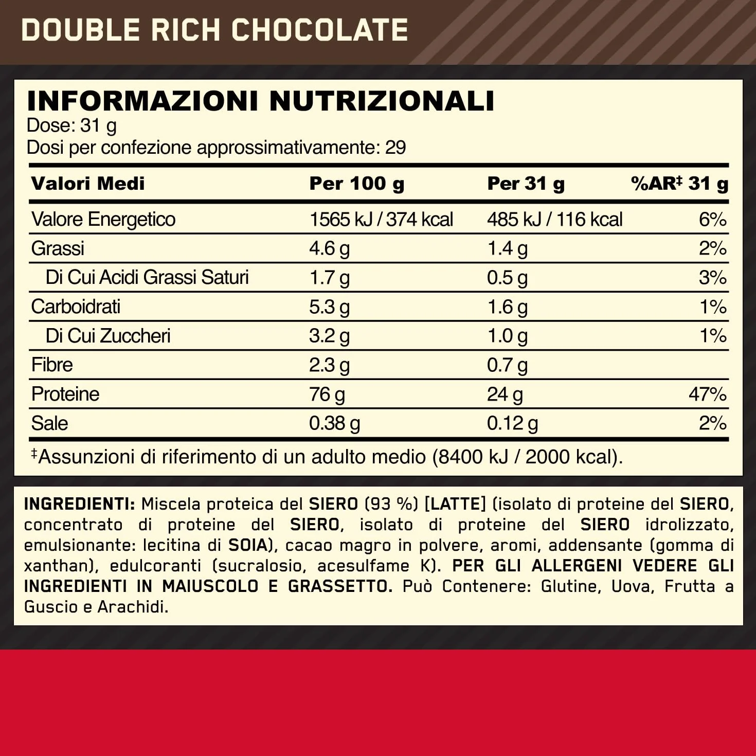 Optimum Nutrition Gold Standard 100% Whey Proteine in Polvere Doppio Cioccolato 899g 29 Porzioni