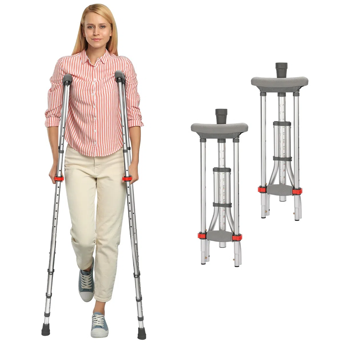 supregear Sottobraccio Stampelle, 1 Coppia Leggero Alluminio Universale Stampelle, Regolabile Avambraccio Stampelle con Morbido Sottobraccio e Mano Grip Pads per Camminare, Argento