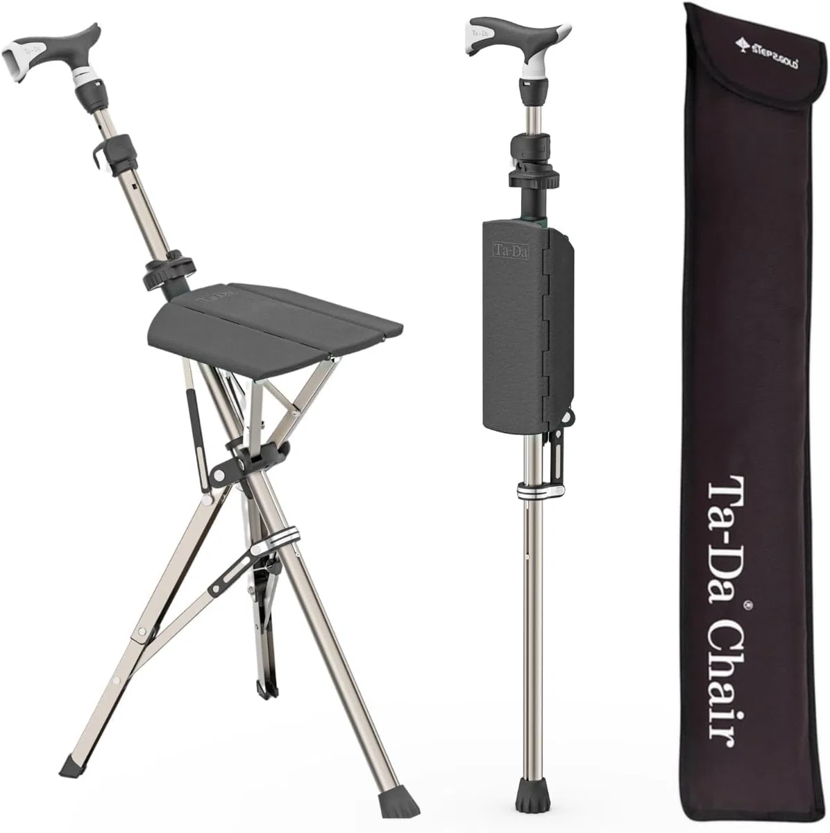 Ta-Da Chair PRO - Bastone da Passeggio con Sedile, Sgabello Pieghevole in Alluminio Ultraleggero (Max 120kg), Design Compatto per Viaggi e Visite - Nero, Altezza Regolabile