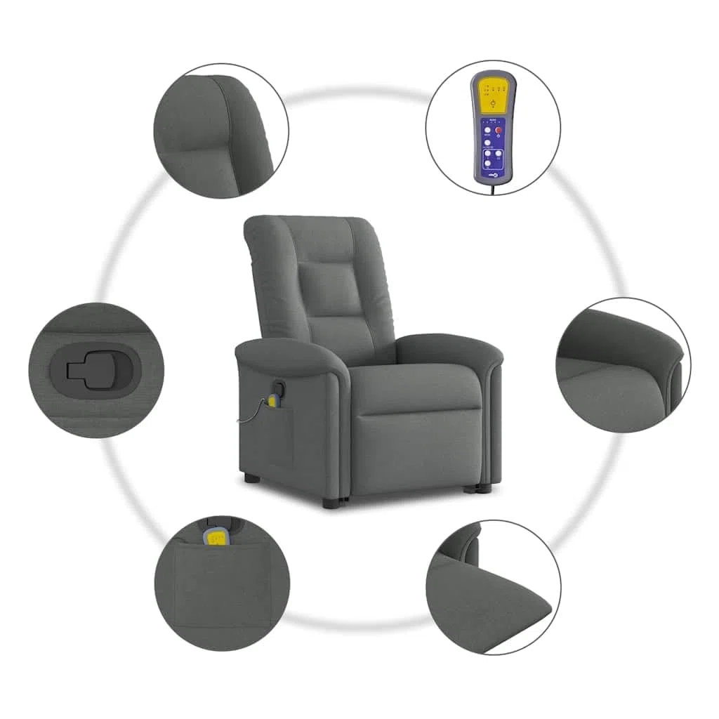 vidaXL Poltrona Alzapersona Massaggi Reclinabile Grigio Scuro Tessuto, Poltrona reclinabile rialzata, Sedia reclinabile per Anziani, Sedia alzabile elettrica