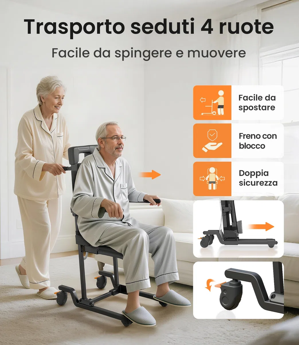 VOCIC AX35 - Sollevamento elettrico da terra con funzione di trasferimento, arrotolabile e mobile seduto per trasferimenti interni, portata fino a 160 kg, con 4 ruote e freni, compatta