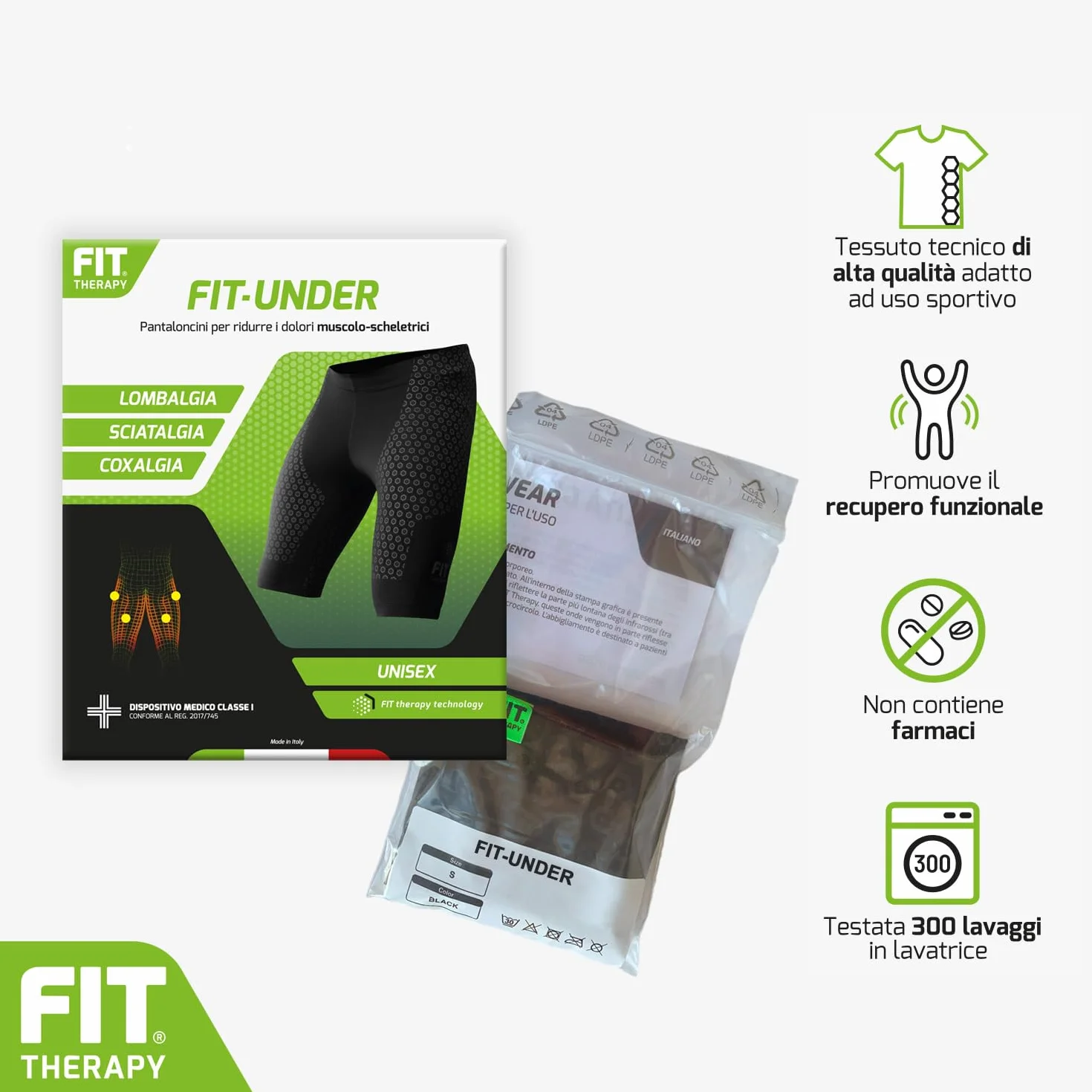 FIT THERAPY Pantaloncini Tecnici Dispositivo Medico per Dolori Muscolari e Articolari Lombalgia Coxalgia Sciatalgia Senza farmaci traspirante
