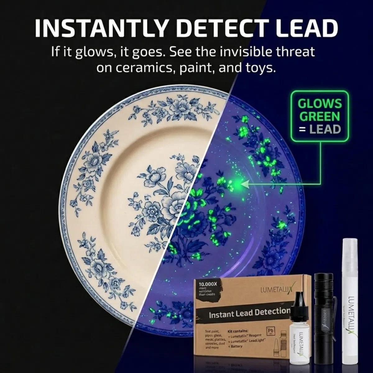 Lumetallix: Kit per il test istantaneo del piombo per piatti, vernice, ceramica, vetro, giocattoli | Rapido, facile e sicuro da usare, rilevamento affidabile del piombo | Il test del piombo luminoso