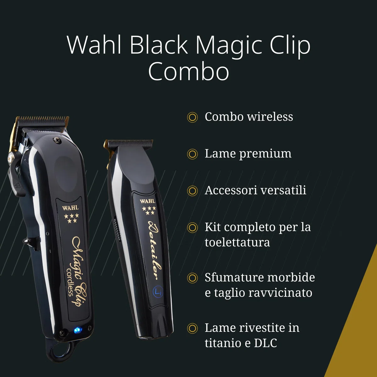 Wahl Cordless Barber Combo - Black Magic Clip & Detailer Li - Lame in titanio - 100 minuti di autonomia