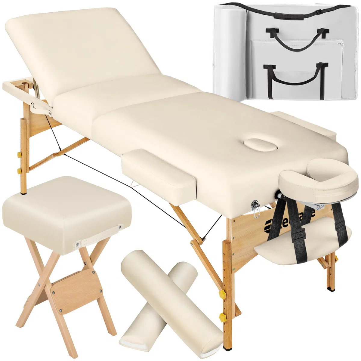 tectake® Lettino Massaggio portatile, Morbida Imbottitura, Poggiatesta, letto pieghevole, Legno, lettino estetista, fisioterapia, Lettino Tattoo - Beige