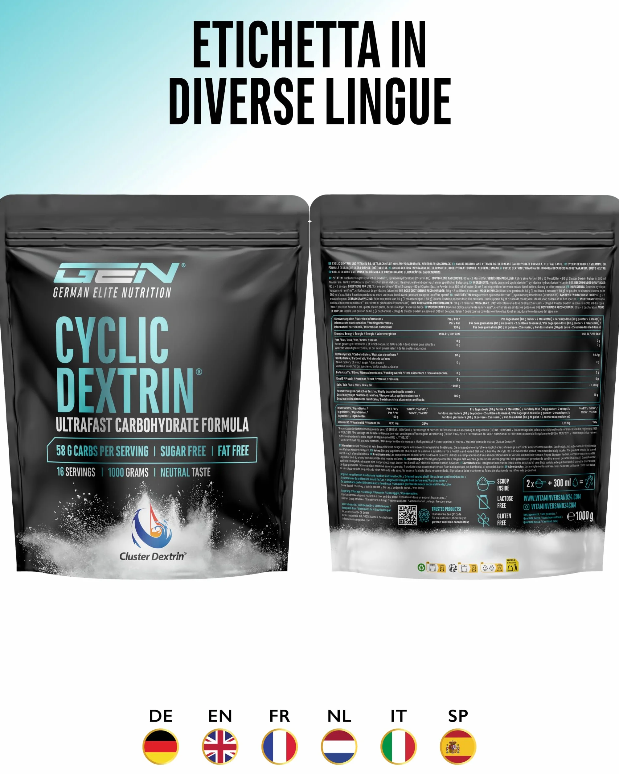 Cluster Dextrin® 1000 g - Polvere di carboidrati ciclica - Destrina ramificata - Energia vegana
