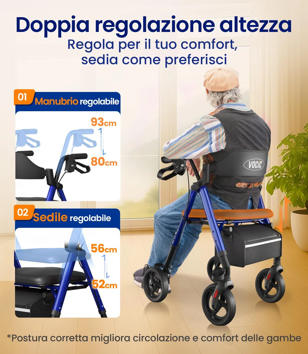 VOCIC deambulatore per anziani 4 ruote,Girello in alluminio leggero con seduta,Rollator pieghevole per alle terrenne, Altezza sedile regolabile,Per esterno e interno,Blu Zaffiro | 5 anni di garanzia
