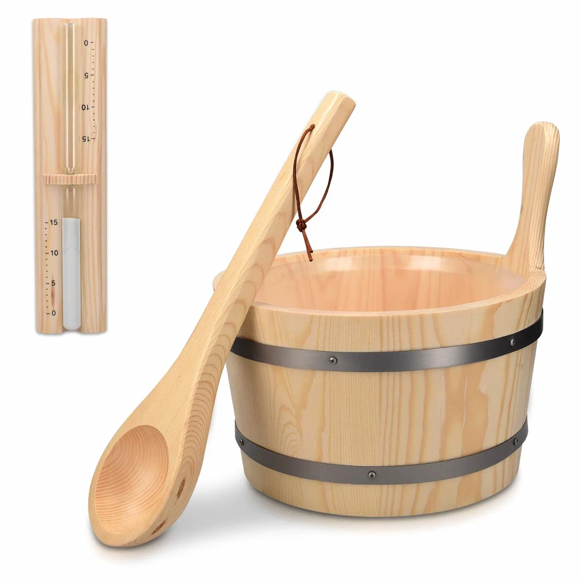Navaris Secchiello da Sauna in Legno 5 Litri con Inserto in Plastica Mestolo e Clessidra - Set Accessori per Saune