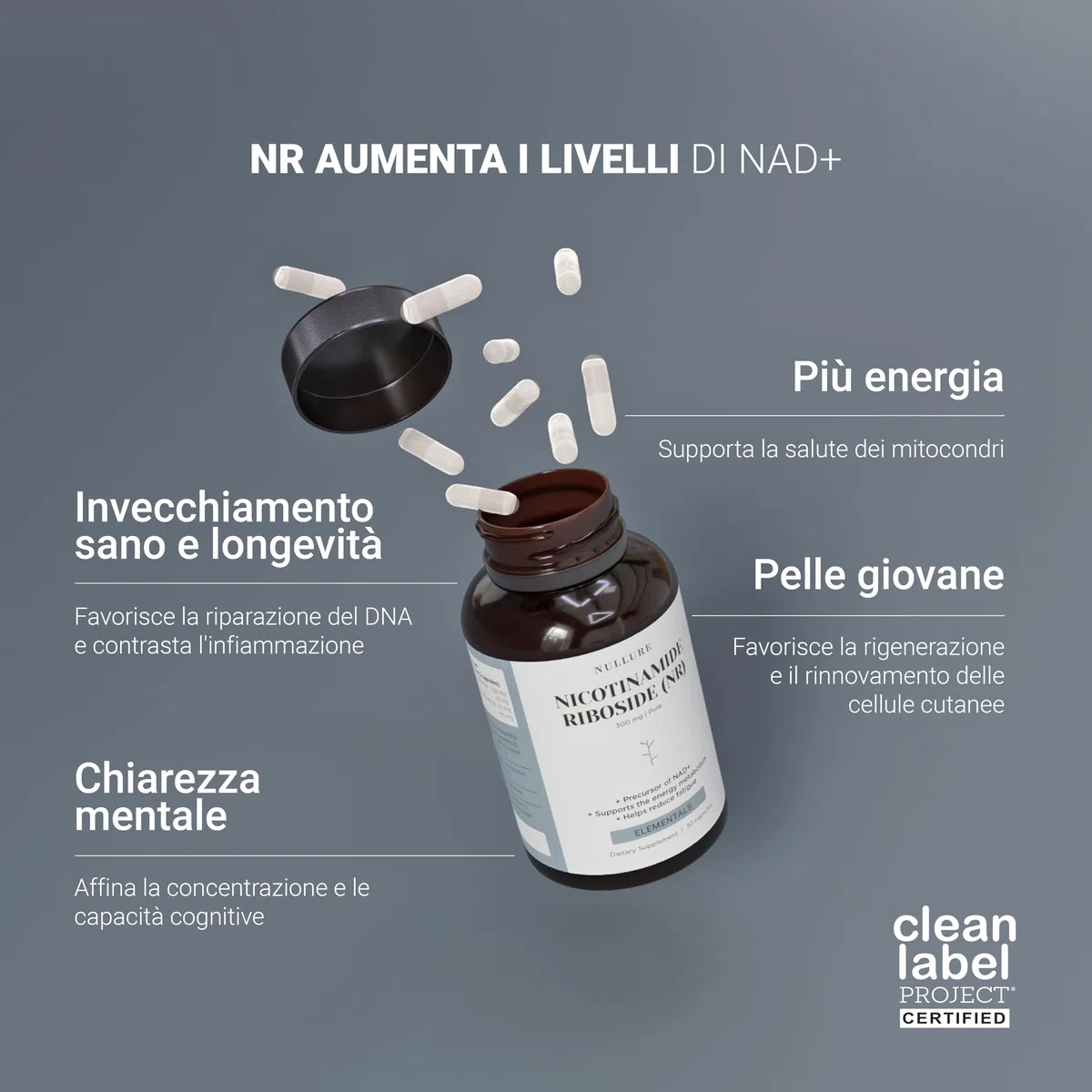 Nullure Nicotinamide Riboside (NR) puro 300mg | Senza stearato di magnesio e senza additivi | Precursore NAD+ | Testato in laboratorio tedesco | Antifatica · Anti-Età | Alternativa NMN | 90 capsule