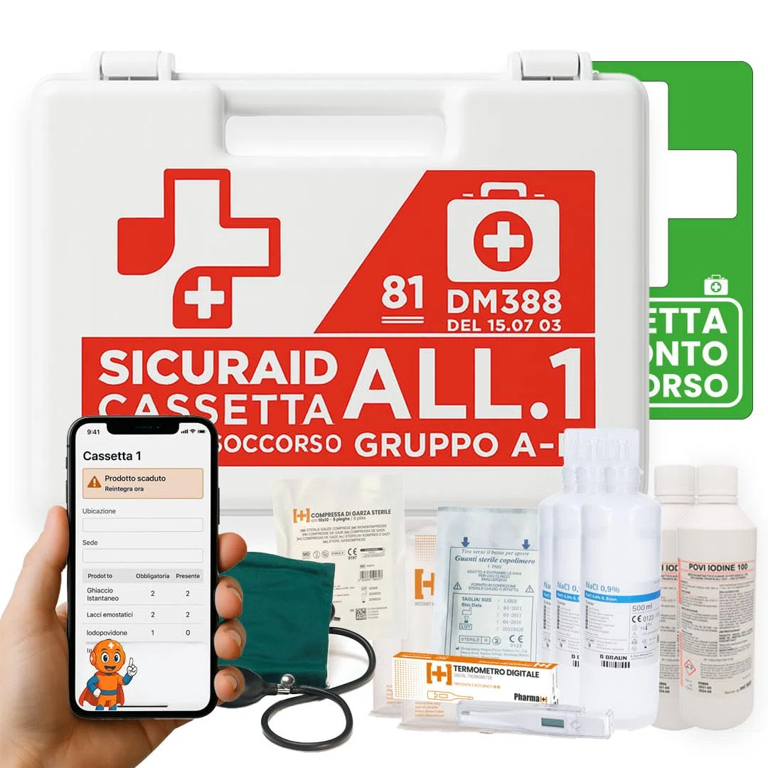 SICURAID Cassetta Pronto Soccorso Aziende più 3 Dipendenti -Cassetta Pronto Soccorso Allegato 1 Gruppo A-B Completa con Cartello e Web App SicurApp (Allegato 1 Gruppo A B)