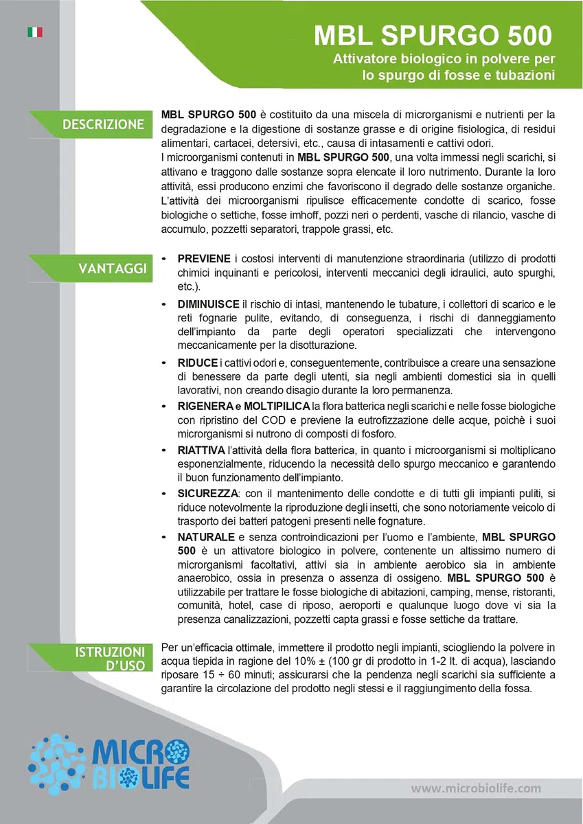 MBL SPURGO 500 – kg. 5 Attivatore biologico in polvere per lo spurgo di fosse e tubazioni, contiene un misurino per il corretto dosaggio - (500 milioni di microrganismi per grammo)