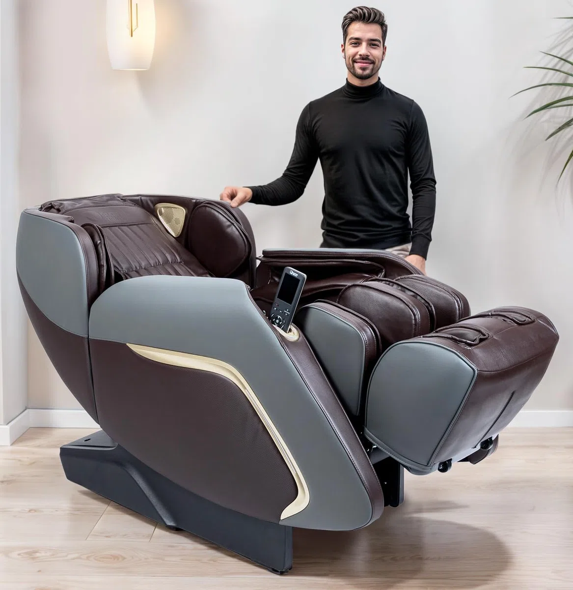 GLOBAL RELAX® | ANANDA Poltrona massaggiante 2D+ I Marrone | Massaggiatore con 12 programmi di massaggio I Pressoterapia | Dimmerabile | Suono 3D | Bluetooth | USB