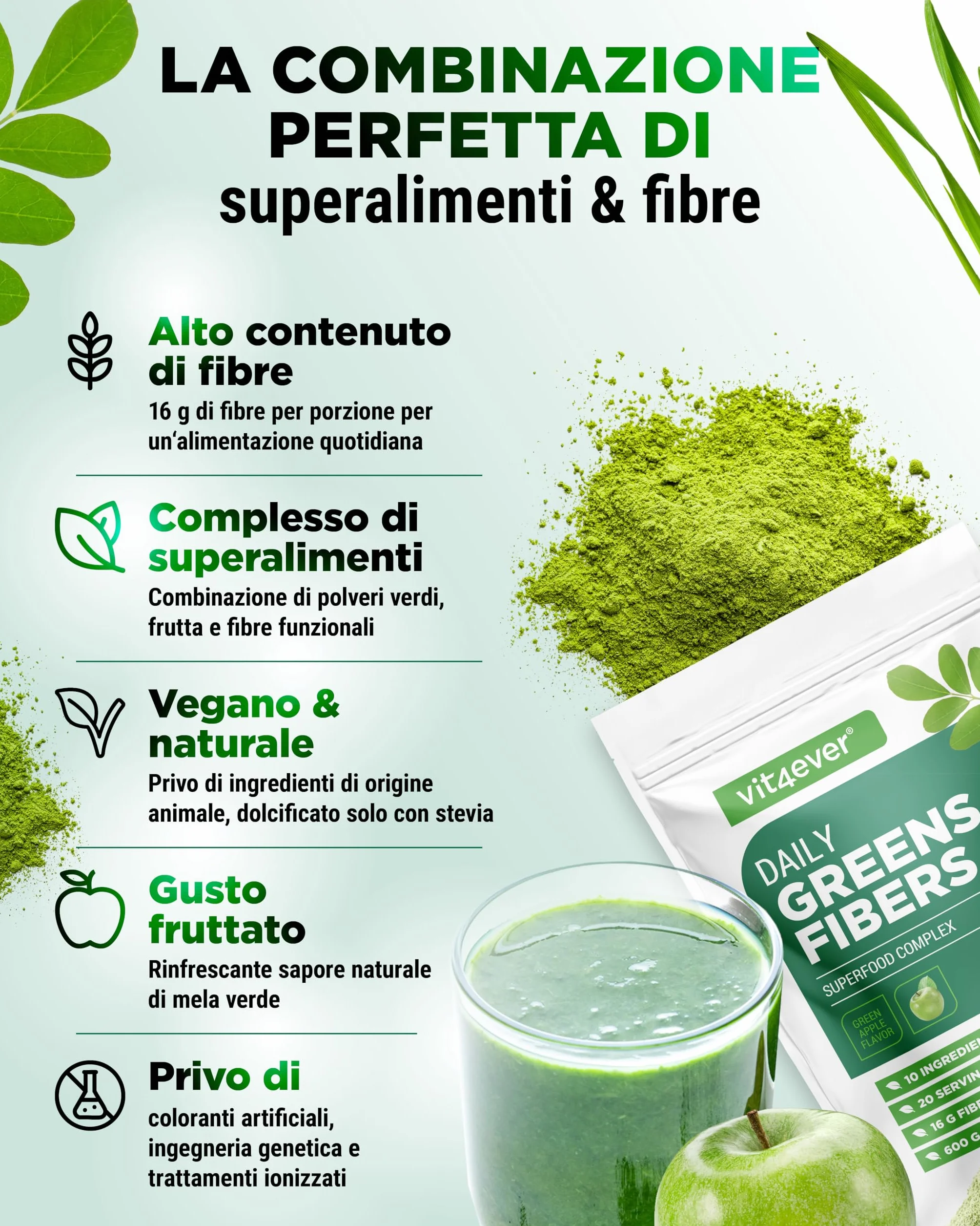 Daily Greens & Fibre Powder psillio spirulina moringa erba d'orzo inulina fibra di mela curcuma fibra di acacia lecitina 600 g Mela verde