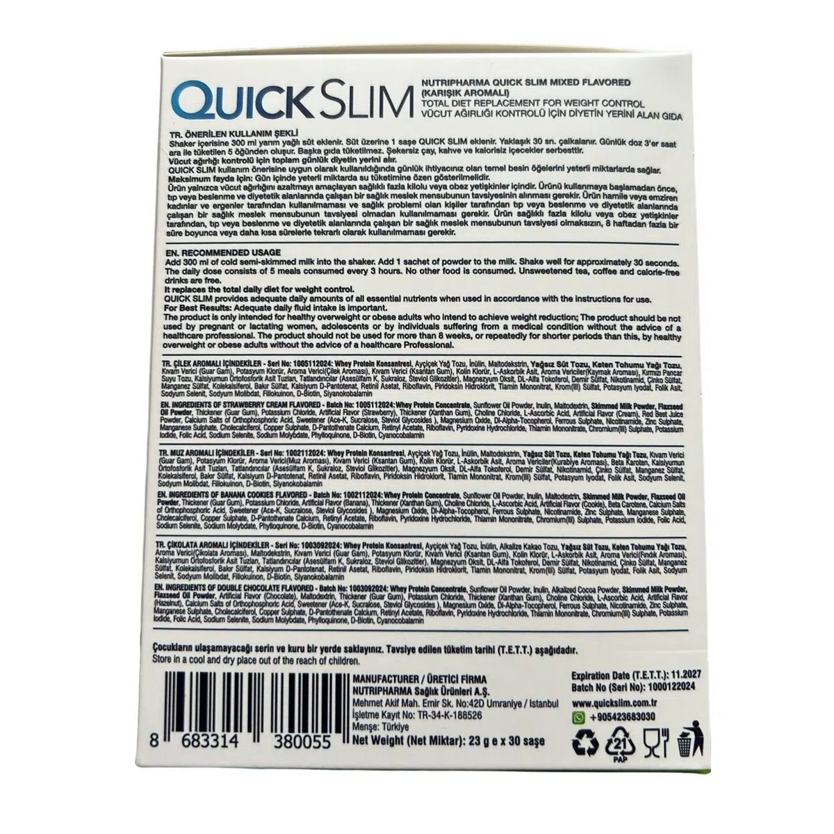 Frullato Sostitutivo Del Pasto Quick Slim per la Perdita Di Peso, 30 Pasti, 20 g di Proteine, 27 Vitamine e Minerali, Fibre Alimentari, Senza Glutine (Pacchetto varietà)