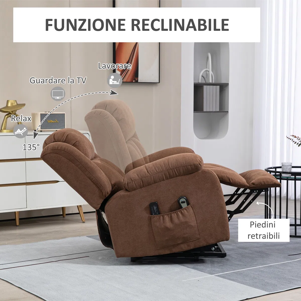 HOMCOM Poltrona Alzapersona Elettrica con Telecomando, Poltrona Relax Massaggiante e Reclinabile in Tessuto con Poggiapiedi e Tasche Lateriali, 91x93x103cm, Marrone