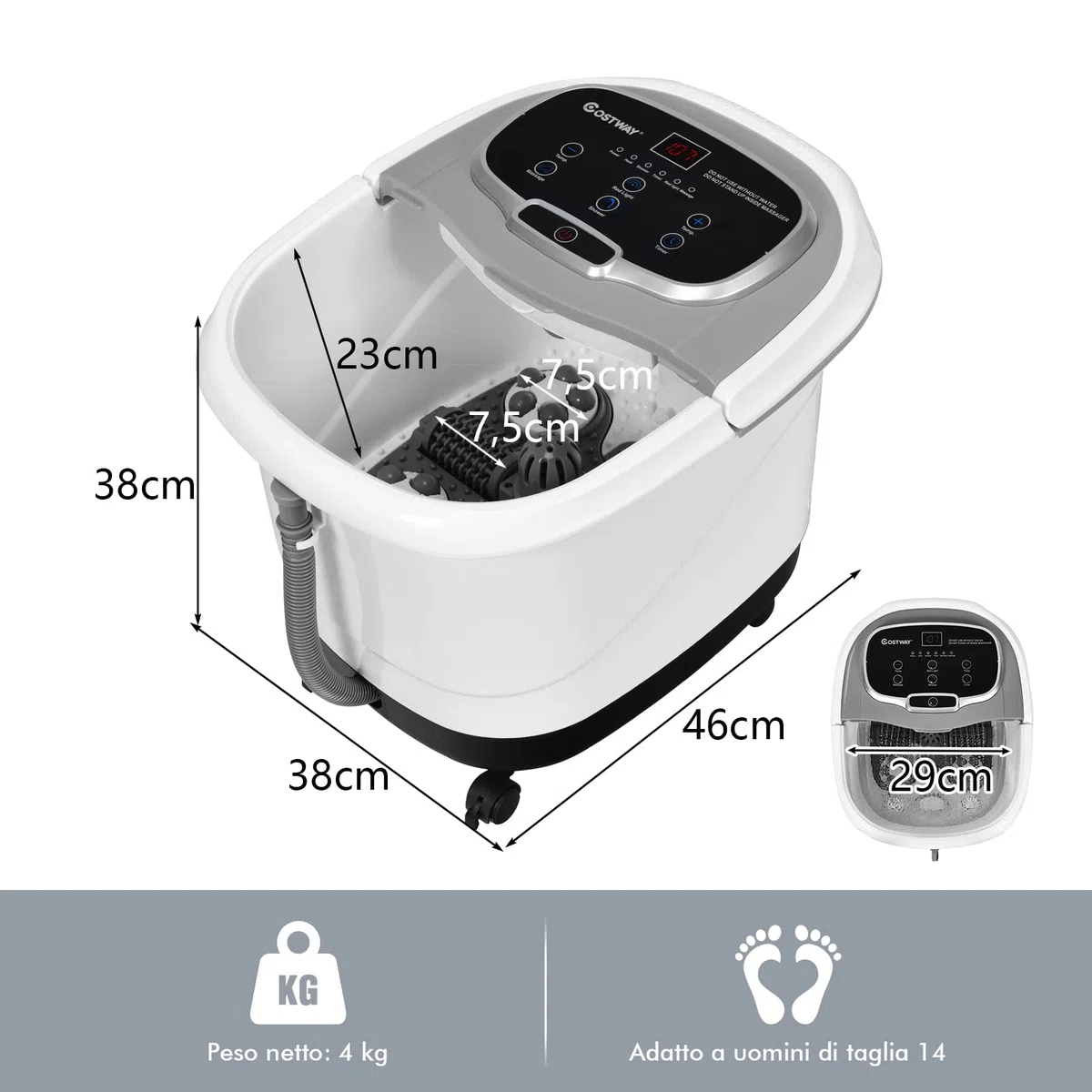 RELAX4LIFE Pediluvio Idromassaggio Elettrico 3 in 1 con Doccia, Riscaldamento Rapido e Mantenimento Temperatura, Sterilizzazione a Infrarossi e Timer 60min, Copertura con Rotelle(Grigio)