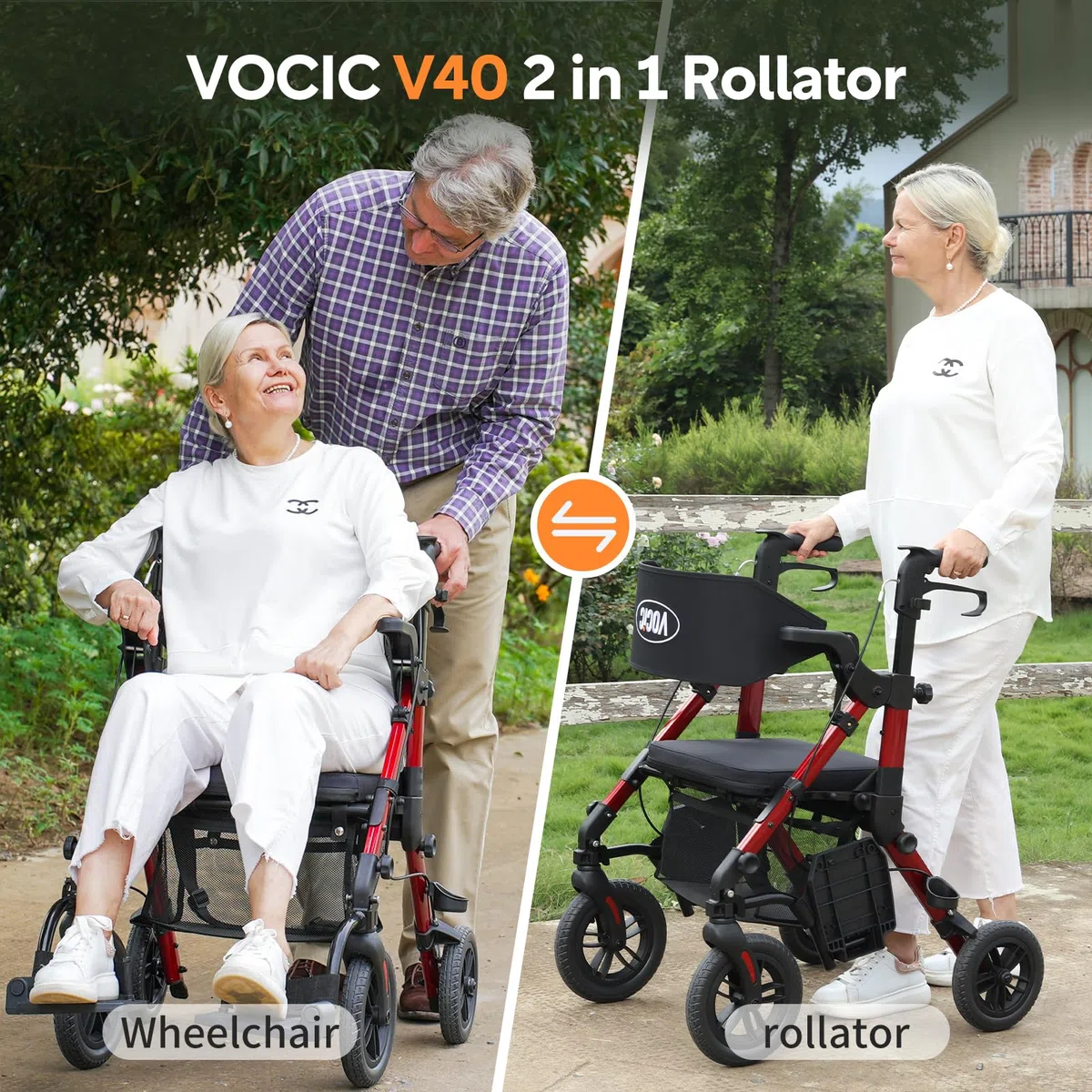 VOCIC Deambulatore per sedia a rotelle 2 in 1, pieghevole e leggero, con sedile, pneumatici in gomma per esterni, per tutti i terreni, leggeri con tasca a rete, in alluminio, colore rosso