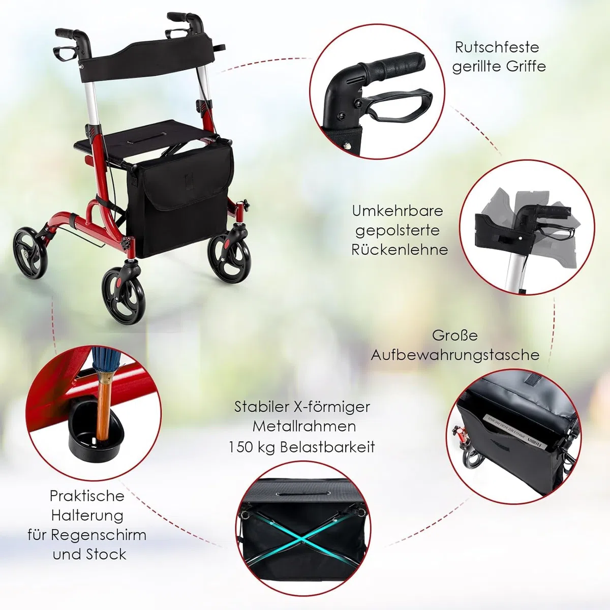 FANTASK Deambulatore pieghevole e leggero con sedile, sedia 2 in 1 e carrello da viaggio, regolabile in 6 posizioni