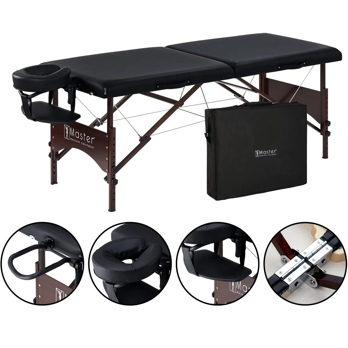 Master Massage Argo, lettino portatile per massaggi, 71 cm, con gambe in legno di noce, pieghevole, ultraleggero, nero