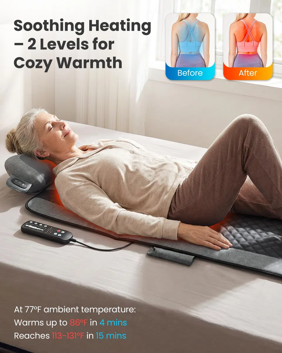 COMFIER Materasso Massaggiante Per Tutto Il Corpo Con Funzione Riscaldante, Cuscino Materassino Massaggiante Con 10 Motori E Funzione Shiatsu Per Collo, Schiena, Gambe, 160 X 56 Cm, Regalo