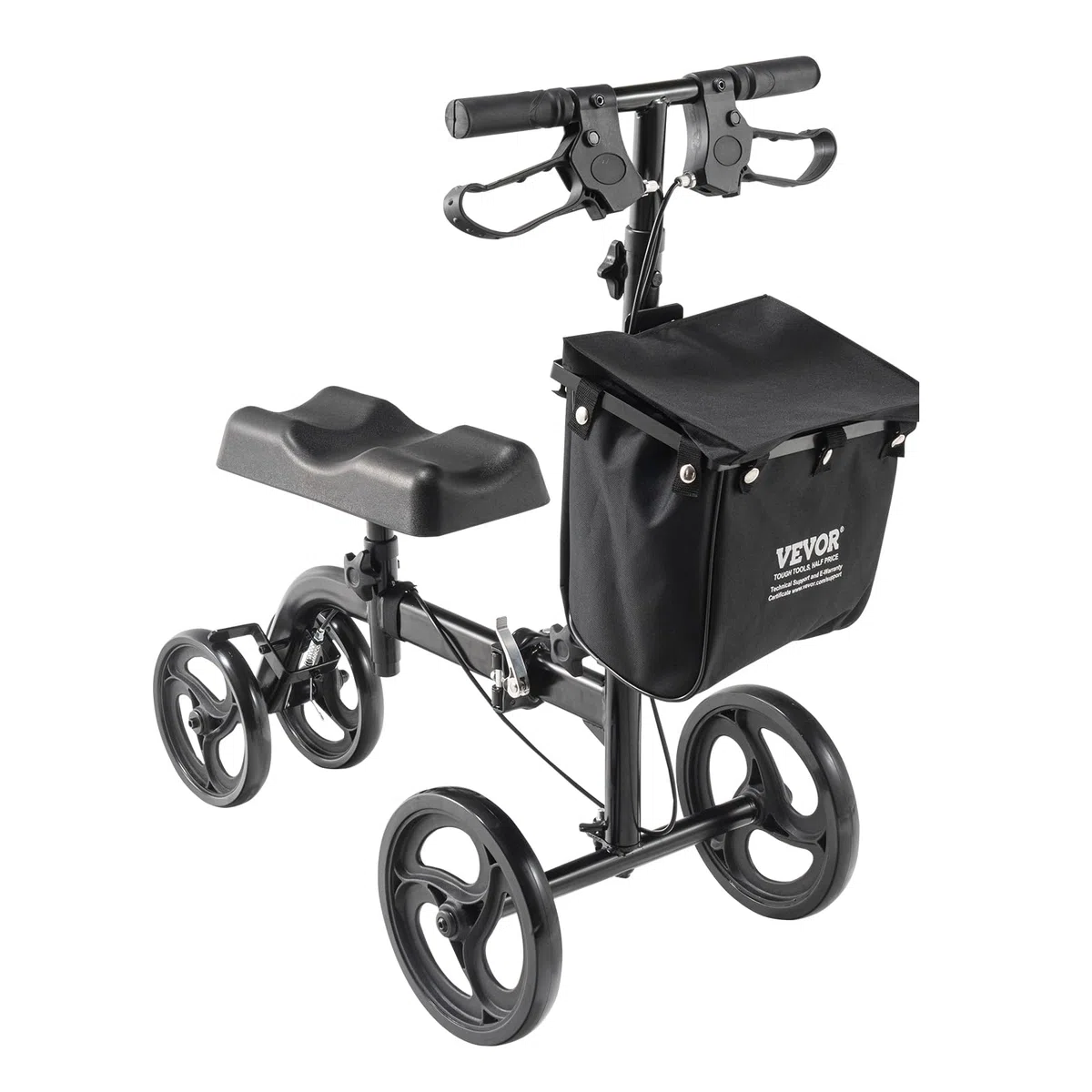 VEVOR Ginocchiera pieghevole, in acciaio al carbonio, con manubrio regolabile in altezza e ginocchiere, ruote solide per tutti i terreni, doppi freni, scooter per recupero gambe per lesioni rotte alla