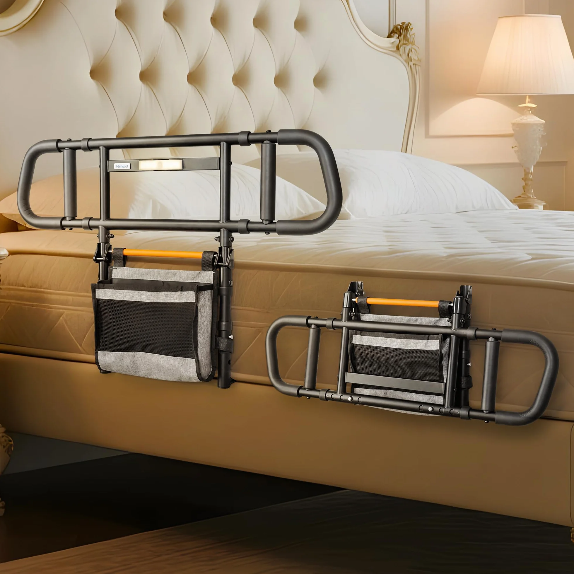 C5 Sponda Letto Anziani Regolabile e Pieghevole, Altezza/Larghezza Aggiustabile Sponde, Disabili, Sbarra con LED, Assistenza Alzarsi e Cura, Matrimoniale