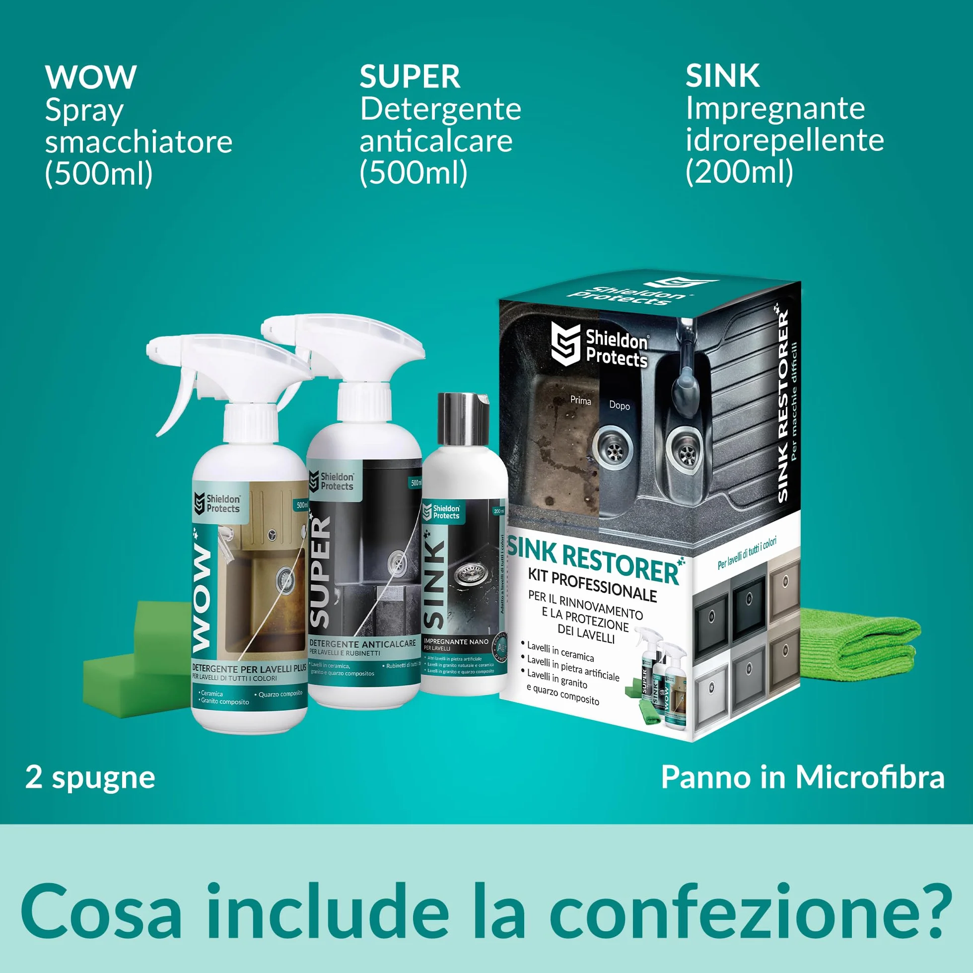 Shieldon Protects Kit rinnovamento lavelli: detergente anticalcare, spray smacchiatore, impregnante nano - per granito, quarzo, porcellana, ceramica