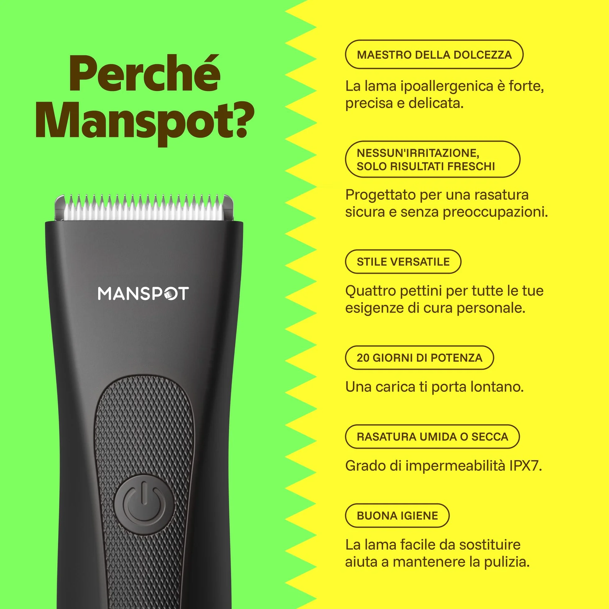 MANSPOT Rasoio Elettrico Corpo Uomo, Depilatore Corpo Lama Ceramica Impermeabile IPX7, 4 Pettini Guida