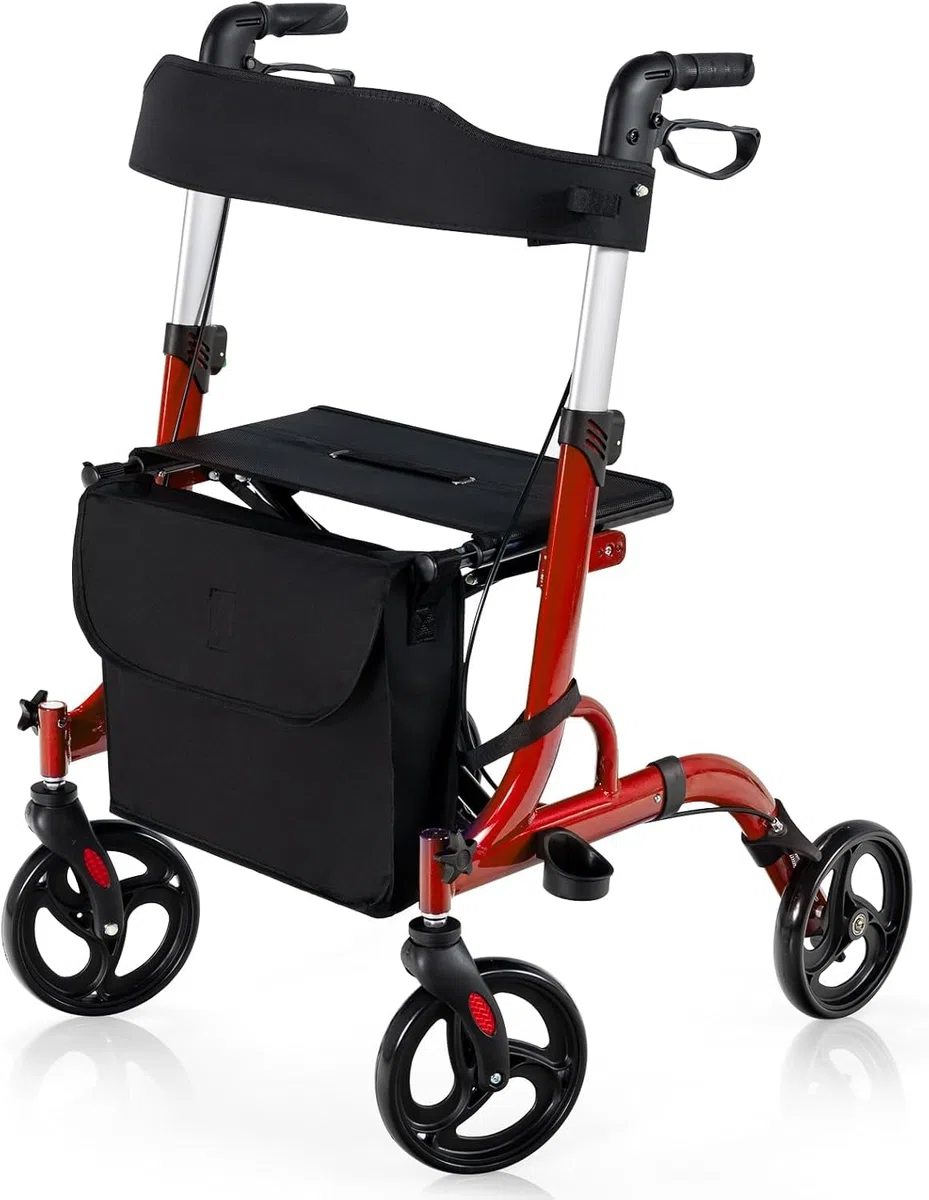 FANTASK Deambulatore pieghevole e leggero con sedile, sedia 2 in 1 e carrello da viaggio, regolabile in 6 posizioni