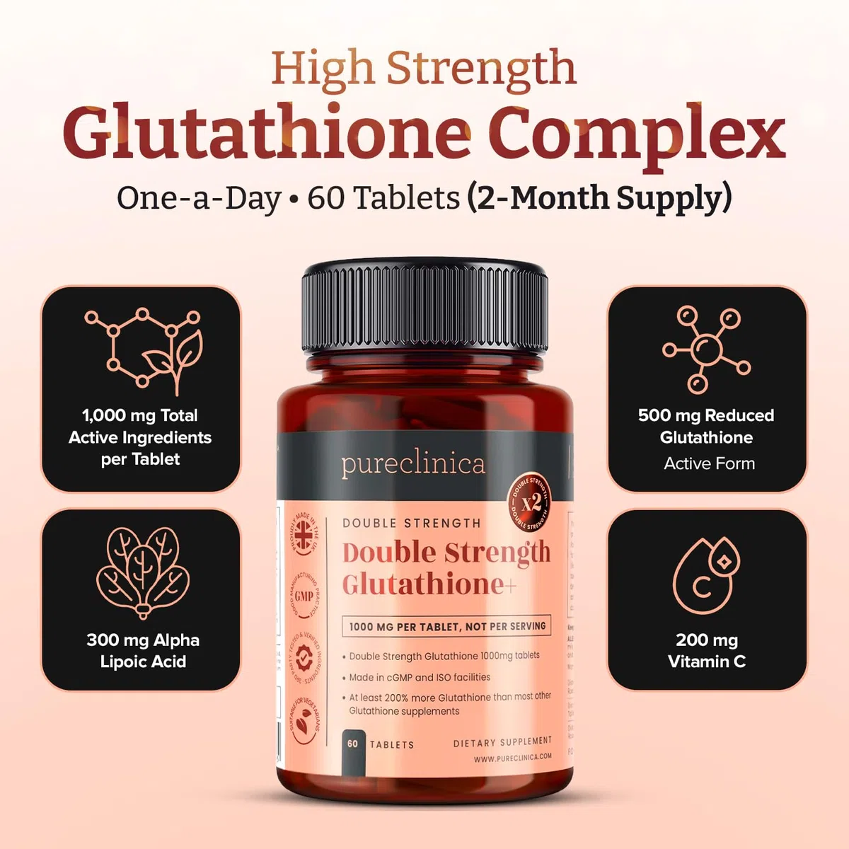 Glutatione a doppia forza 1000mg x 120 compresse (bottiglie da 60). Con 500 mg di glutatione, 300 mg di ALA e 200 mg di vitamina C per compressa
