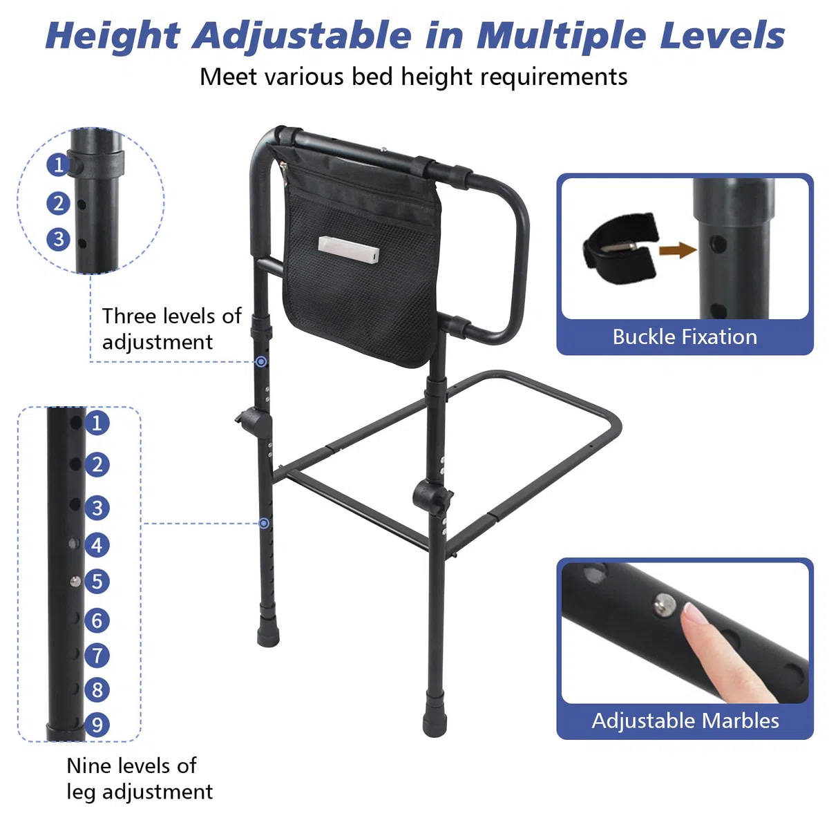 JAOGAUS Letto di supporto con gamba di prolunga, maniglia per letto in piedi, supporto per il letto, supporto per alzarsi, altezza regolabile in altezza, protezione laterale regolabile da 43 a 59 cm