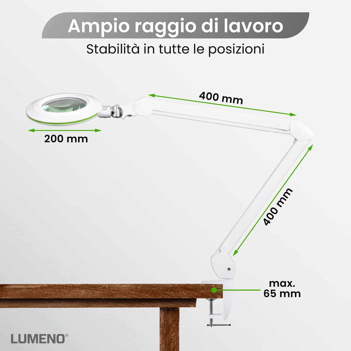 Lampada d'ingrandimento Lumeno Lambda M, dimmerabile con lente in vetro cristallino da 127 mm, ideale per saloni di bellezza, studi medici, hobbisti, ausili per la lettura, Verde 5 diottrie
