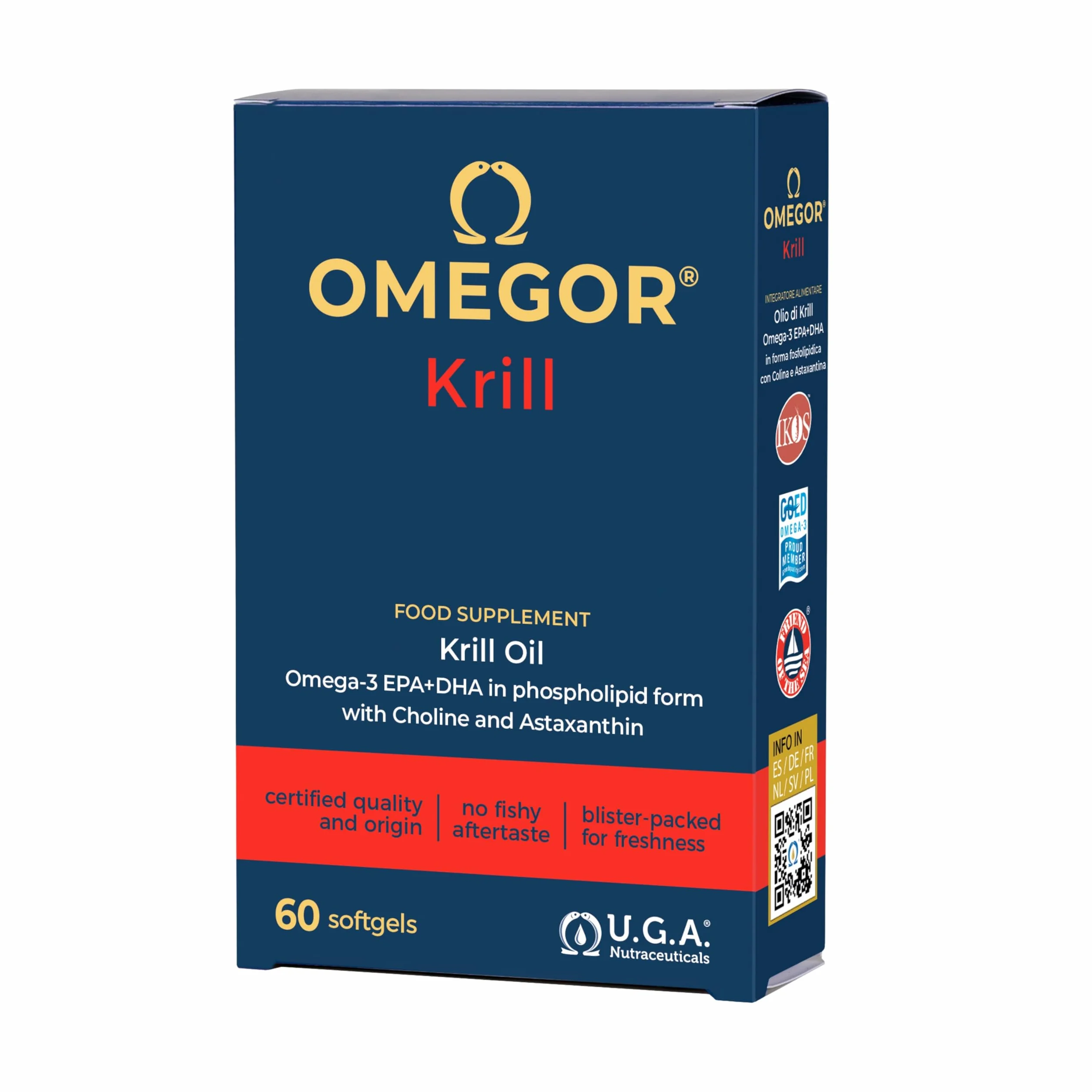 OMEGOR® Puro Olio di Krill Antartico 660mg Fosfolipidi 82.6mg Colina 100mcg Astaxantina 250mg EPA DHA 60 Perle