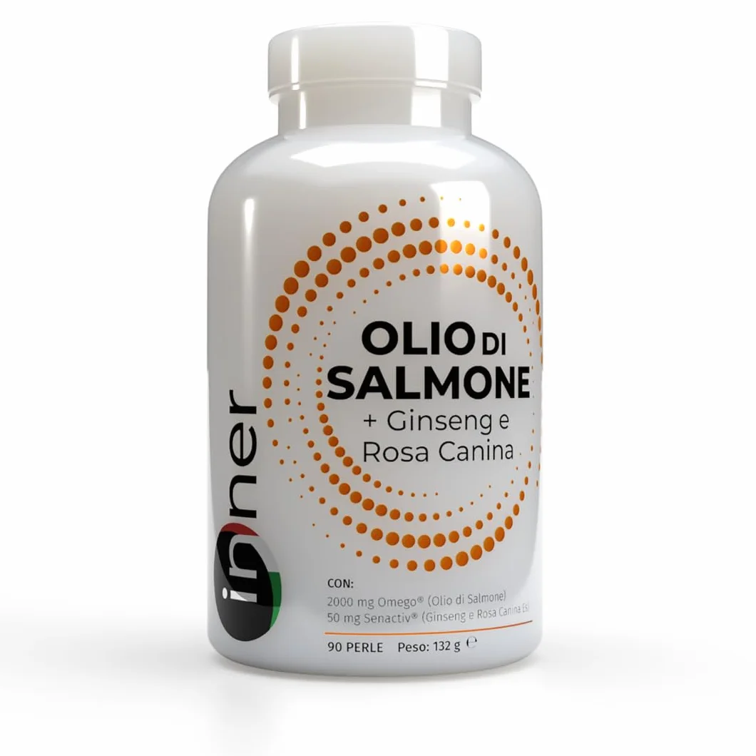 Inner Olio di Salmone + Ginseng e Rosa Canina 90 perle – Integratore Naturale Omega a Spettro Completo con OmeGo® DPA DHA EPA Astaxantina