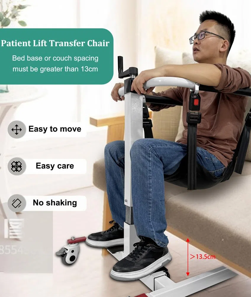 Sedia di Trasferimento con Sollevatore Manuale per Pazienti, Regolabile in Altezza/Larghezza, Ausilio di Sollevamento Portatile per Disabili, Sedia di Trasporto con Comoda da Letto