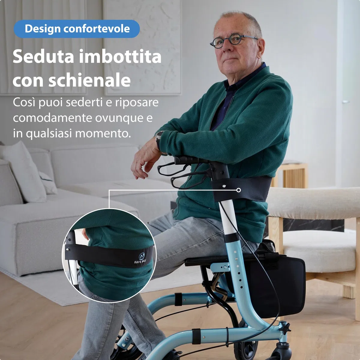Safe Age Deambulatore con Seduta Ultraleggero - Girello Pieghevole per Anziani per Uso Interno ed Esterno con 4 Ruote, Schienale e Porta Bastone