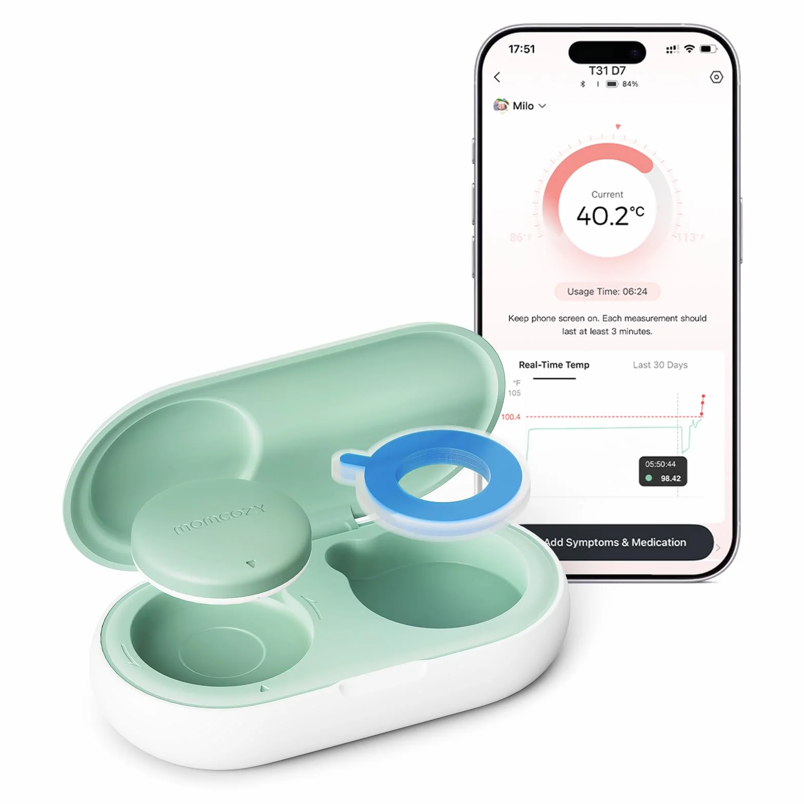 Momcozy Termometro Neonato, Termometro Digitale Indossabile con Alta Precisione, App Monitoraggio Temperatura in Tempo Reale, Cerotto Ipoallergenico 3M per Bambini